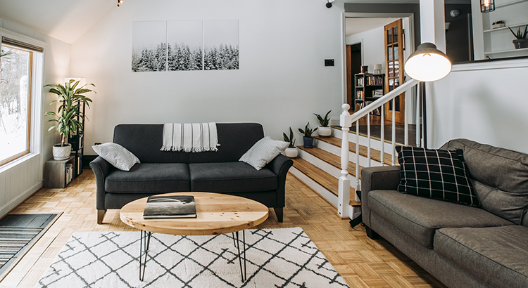 modern scandinavian living room interior with couch and lighting